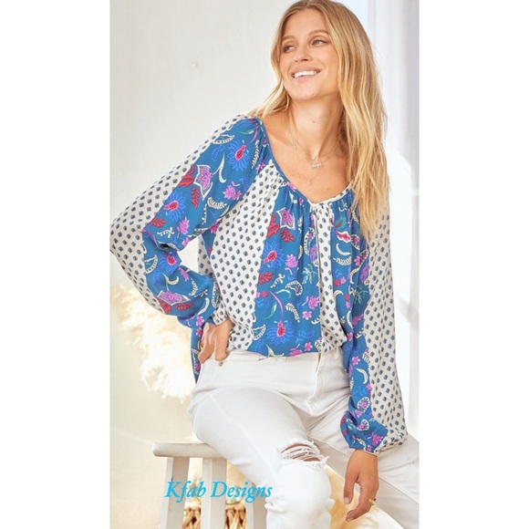 ❤️LAST 1! V Neck Ballon Sleeves Pattern Mix Back Tie Flowy Blouse! - Picture 2 of 8